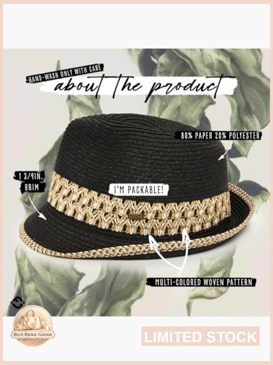 Straw Fedora Hat UPF 50+ Sun Protection Short Brim Packable Beach Hat Woven main image 5